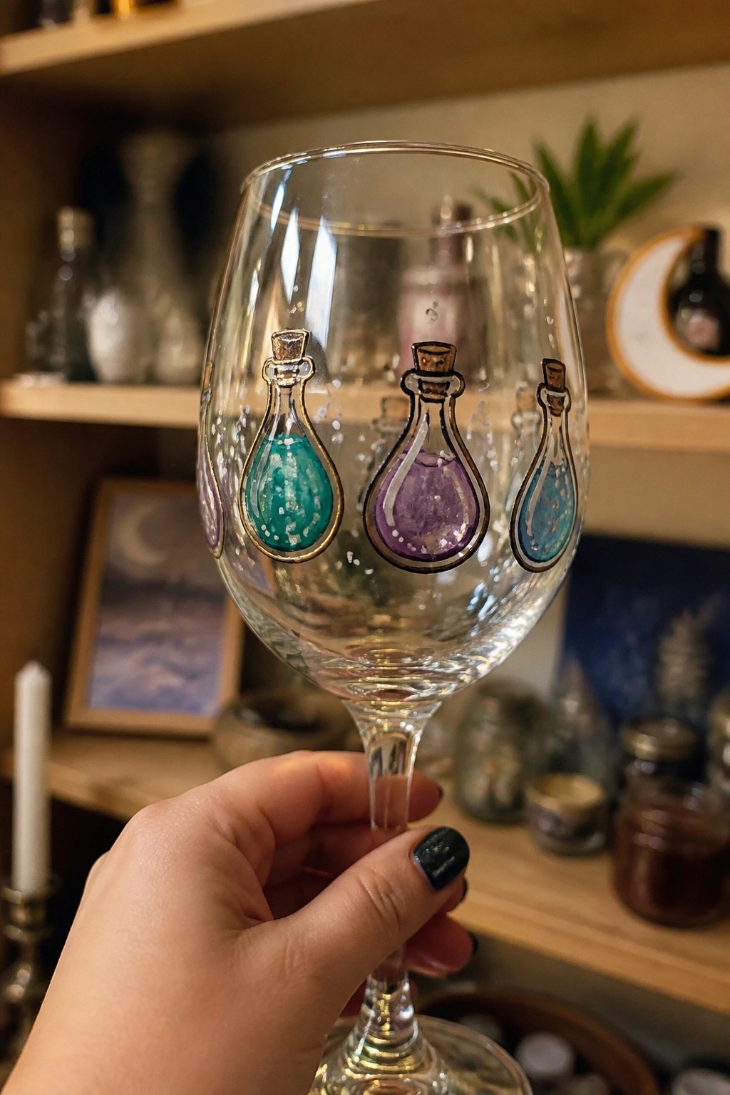 Hand with black nail polish holding wine glass painted with colorful potion bottles