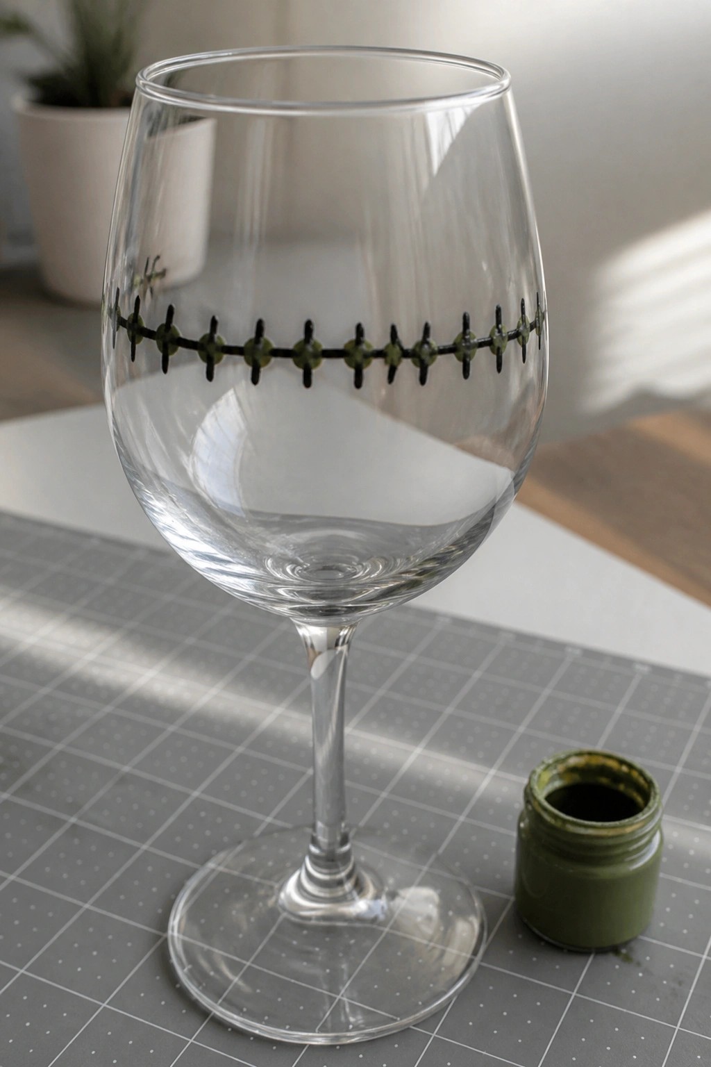 Clear wine glass with black-green stitched band beside open green paint jar on gray mat.