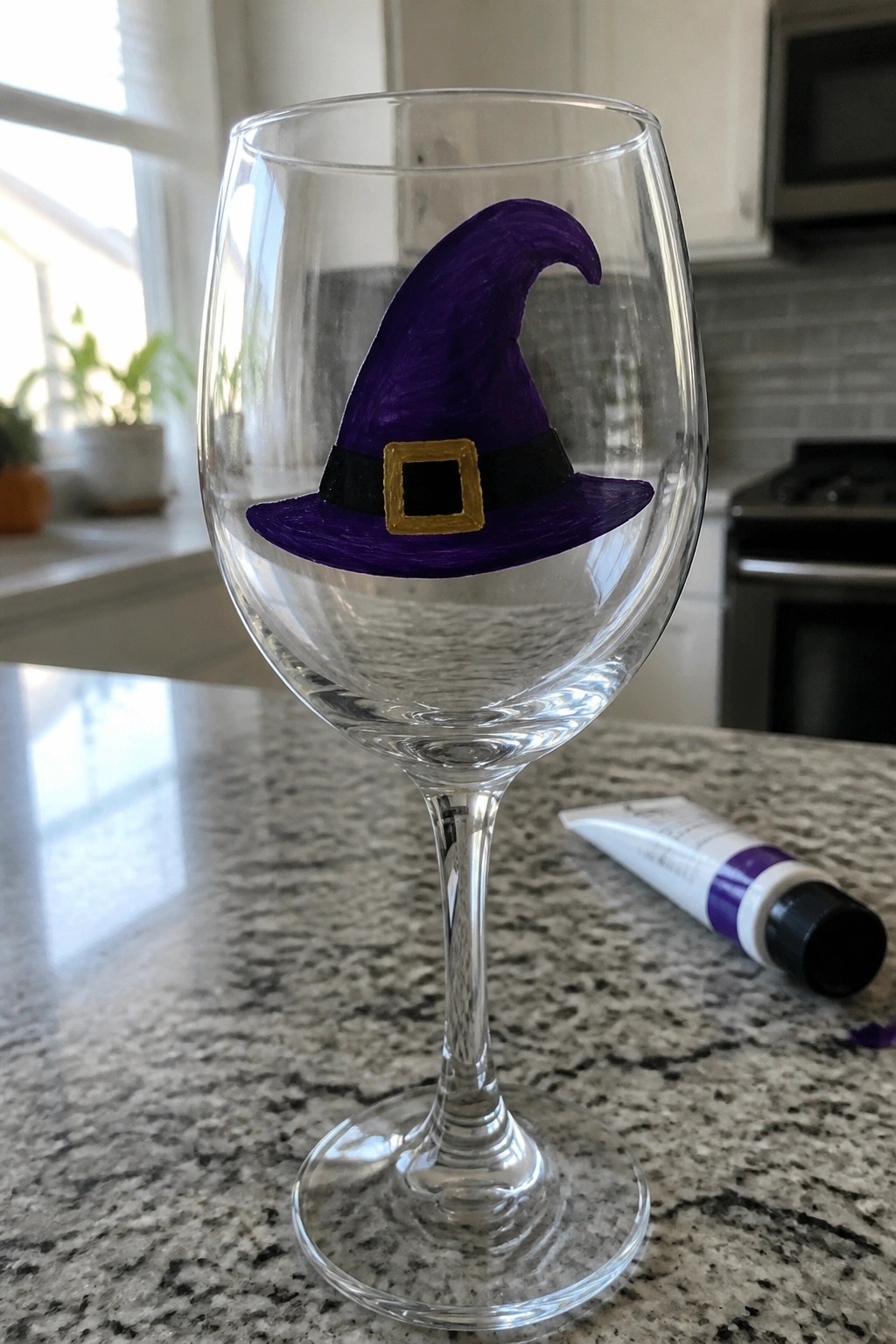 Clear wine glass with purple witch hat, black band, and gold buckle on granite counter.