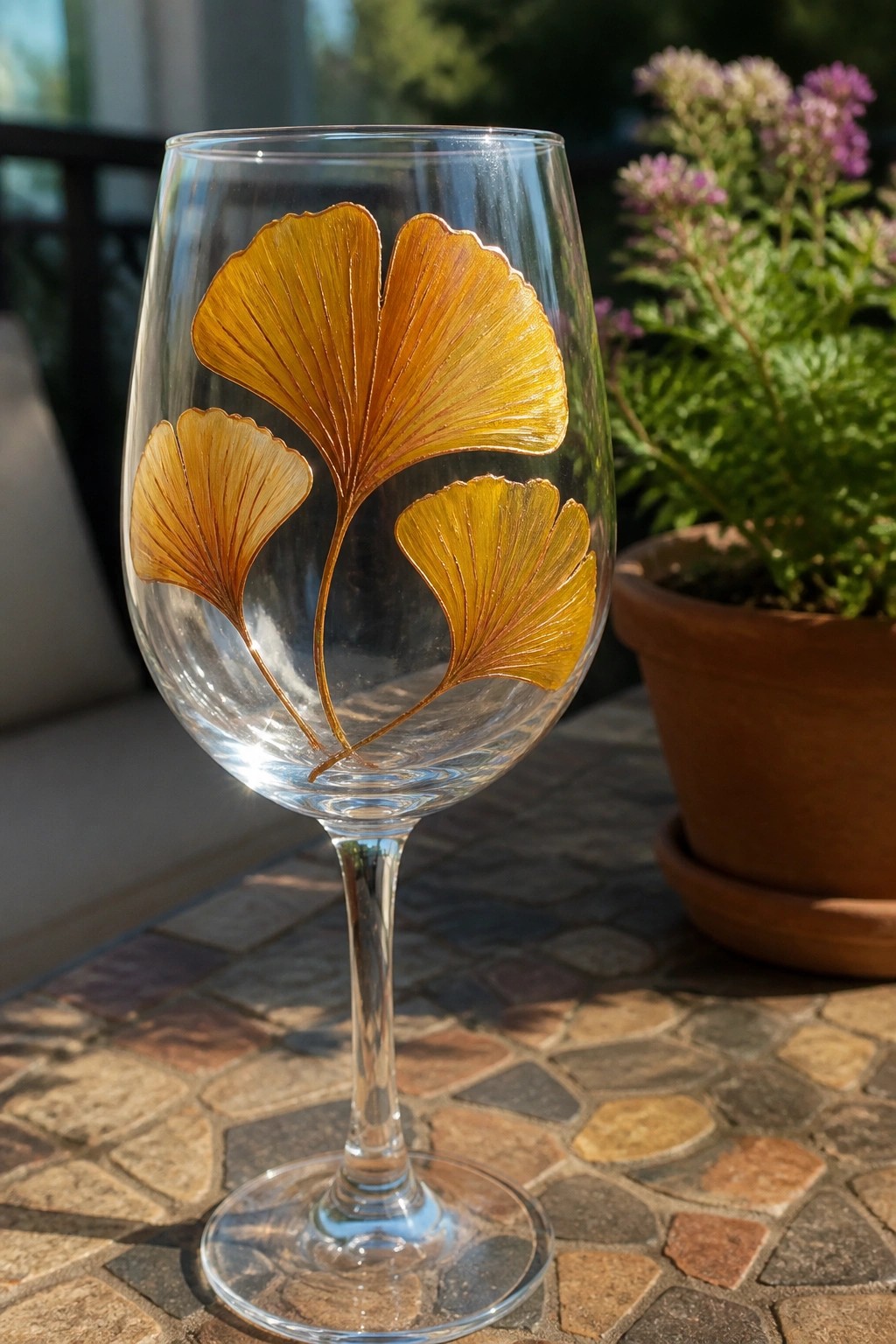Wine glass with golden ginkgo leaves on mosaic table beside potted plant