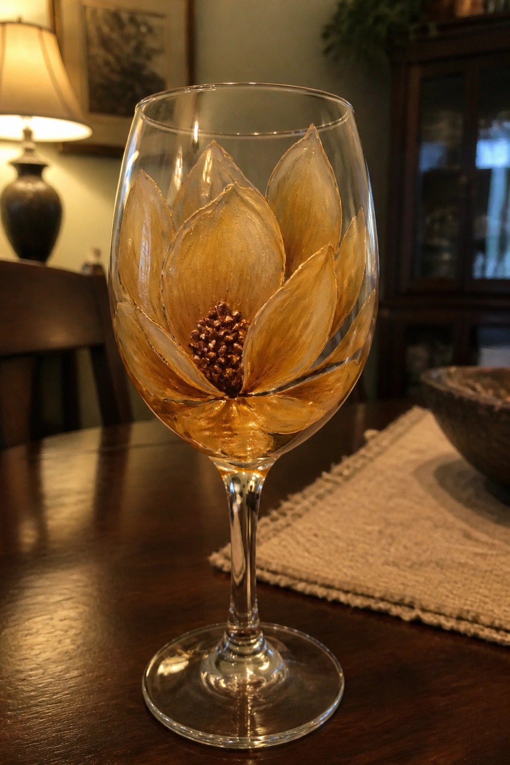 Wine glass with gold lotus flower painting and glittery center on wooden table