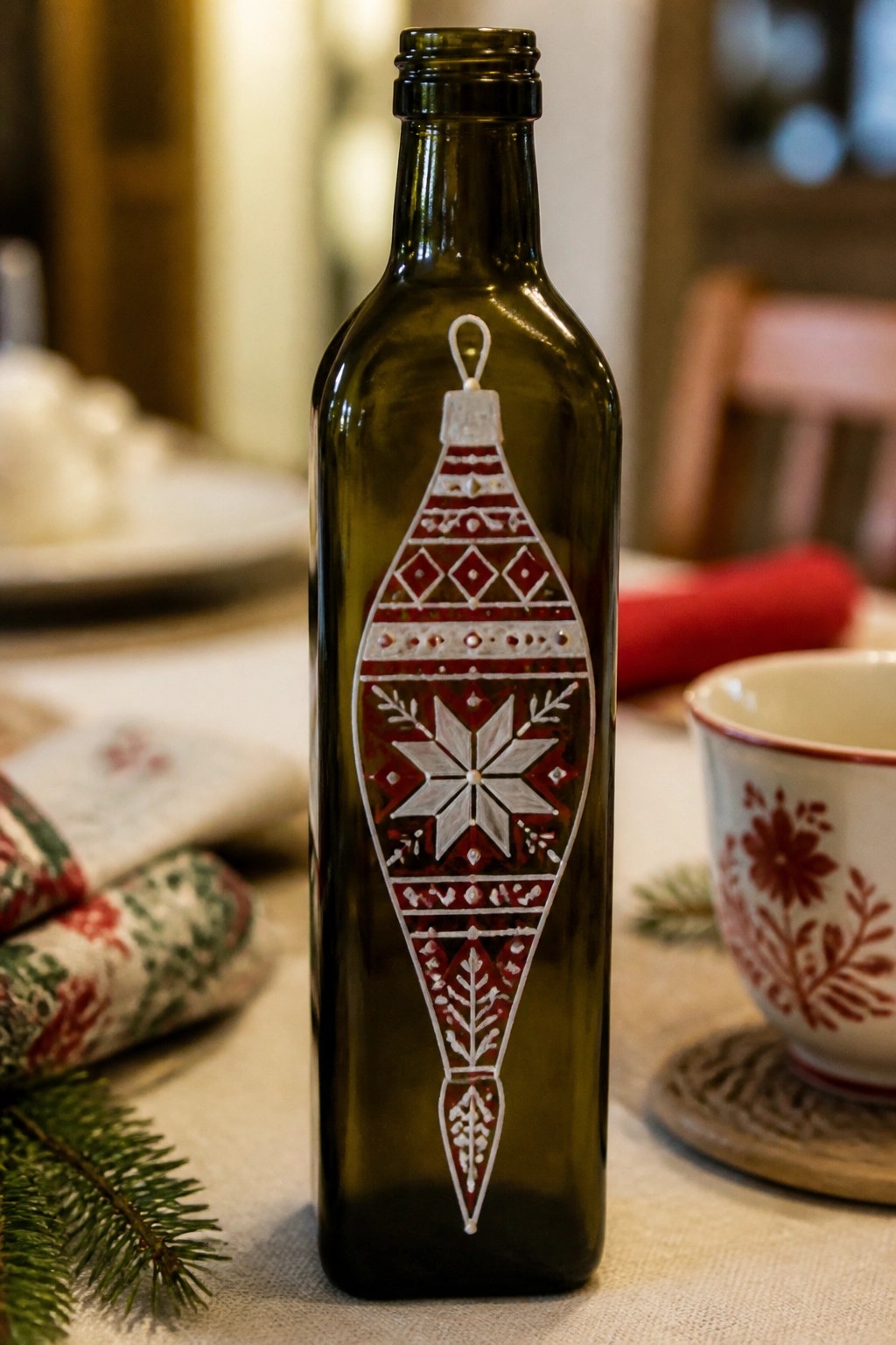 Green glass bottle with red and white painted Christmas ornament on festive table