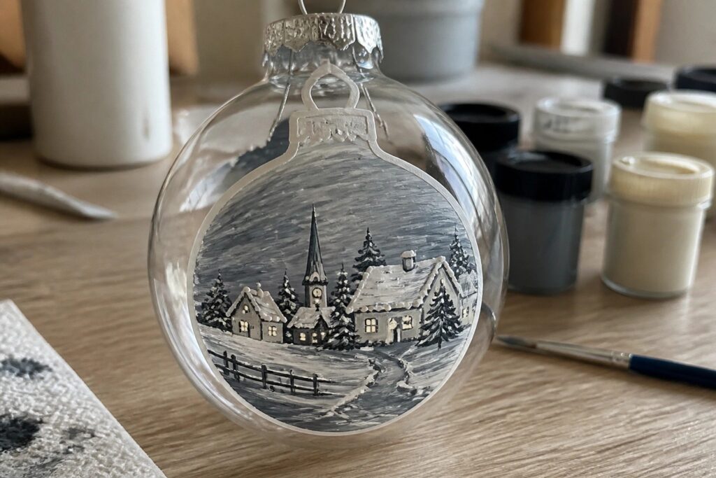 Painted glass ornament with monochrome snowy village, church, trees, and stars.