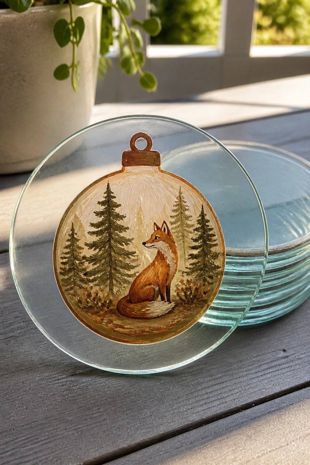 Hand-painted glass circle with fox amid pine trees in gold ornament frame.