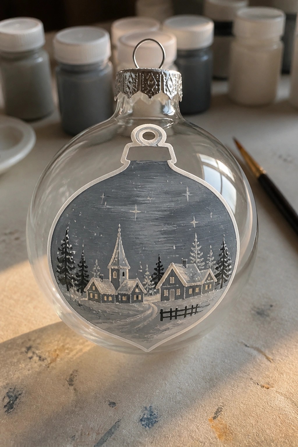 Painted glass ornament with monochrome snowy village, church, trees, and stars.