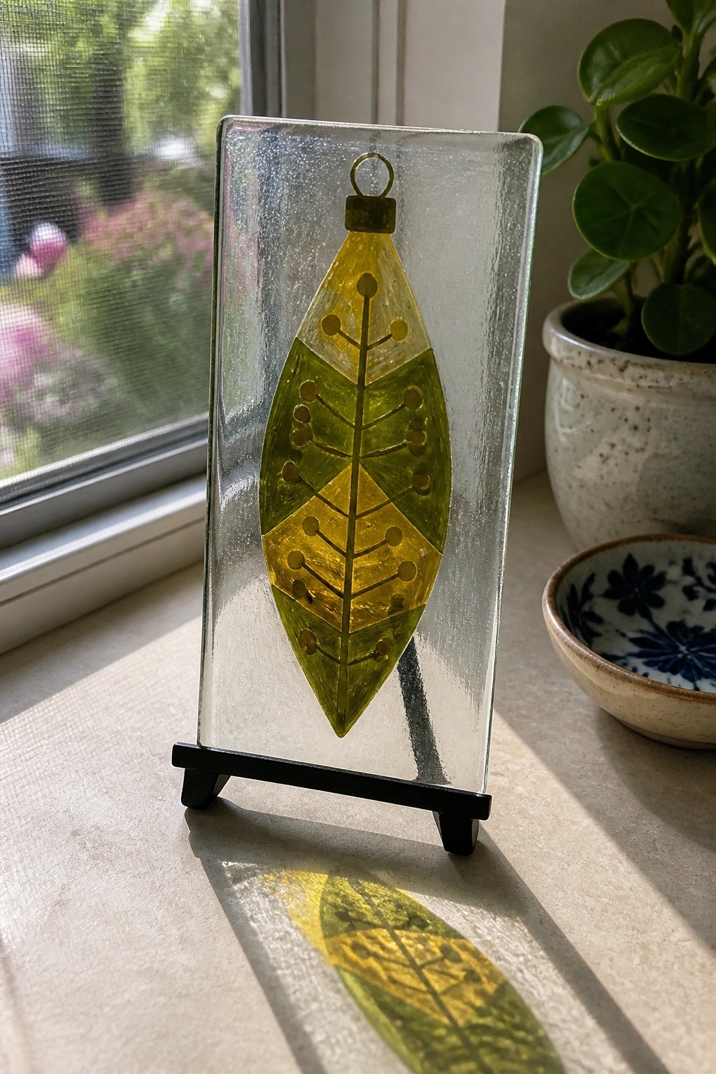 Yellow-green fused glass leaf ornament with dotted branch pattern on black stand by window