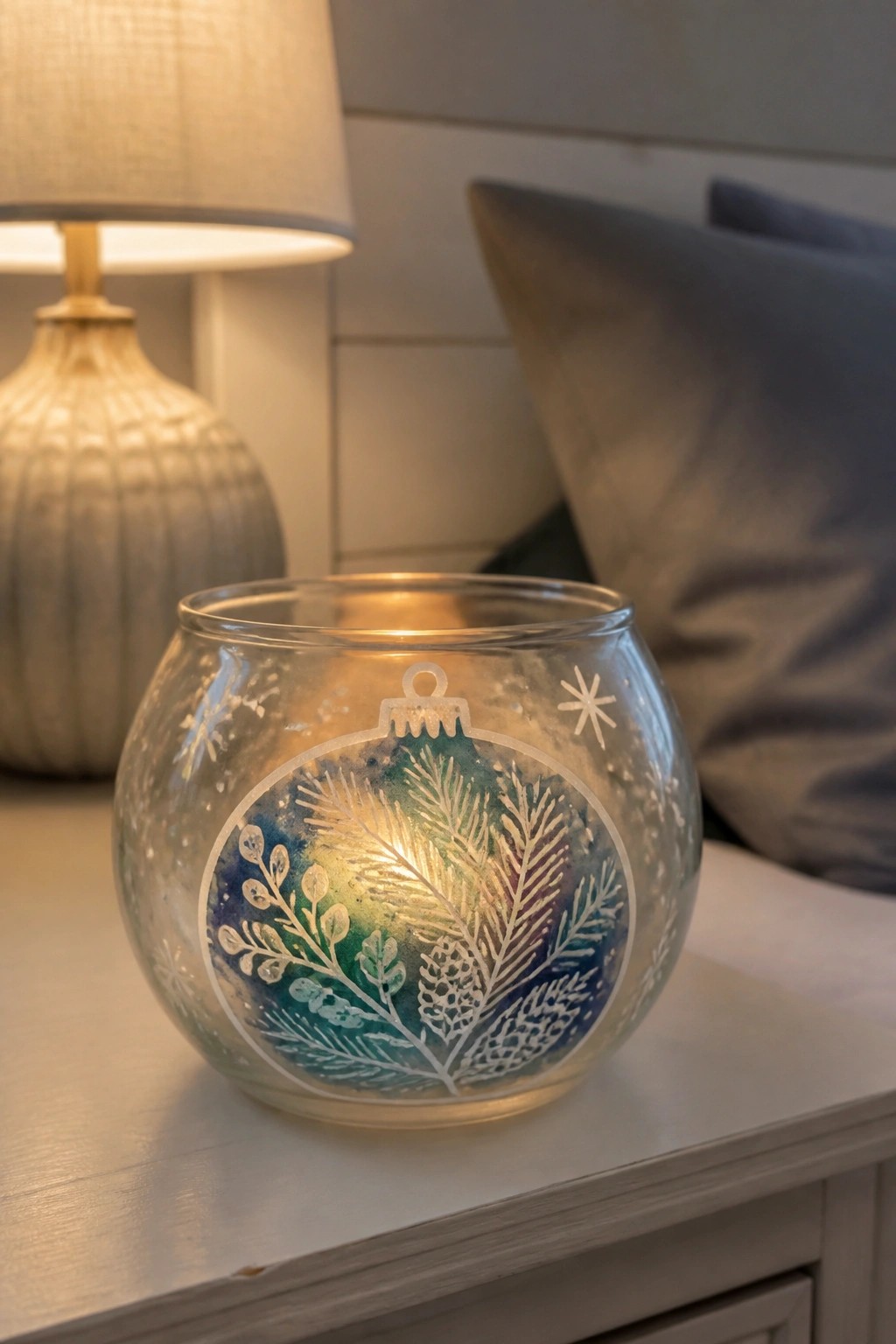 Glowing glass votive with pine branches and snowflakes on nightstand beside lamp