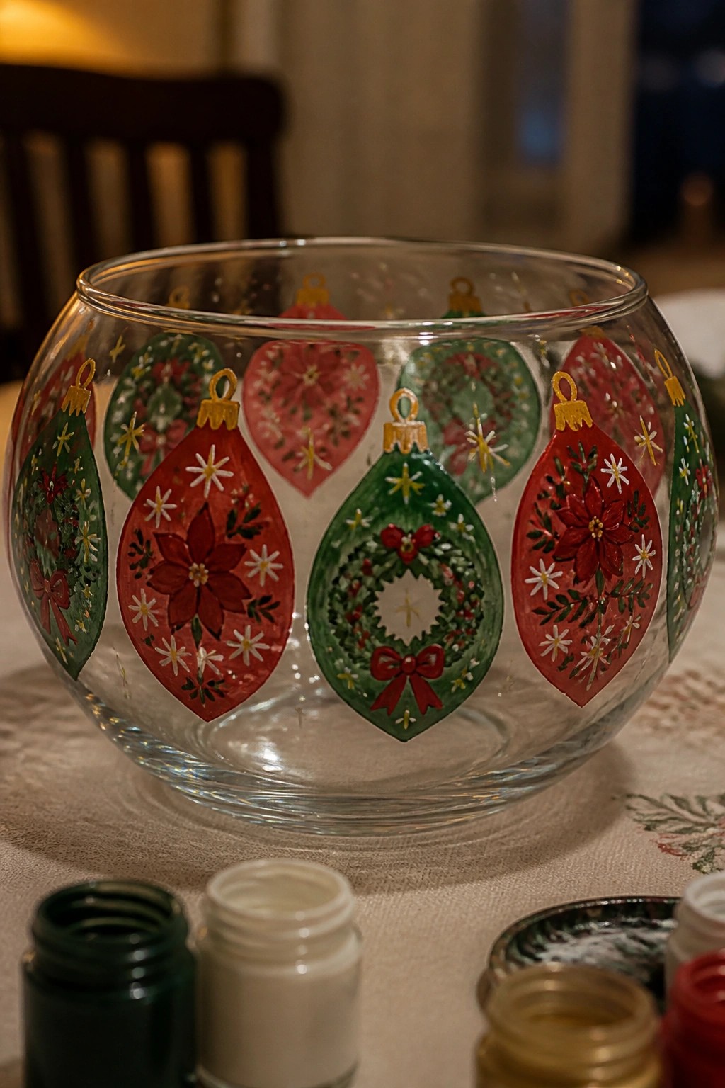 Hand-painted glass bowl with red and green Christmas ornaments, paint jars nearby