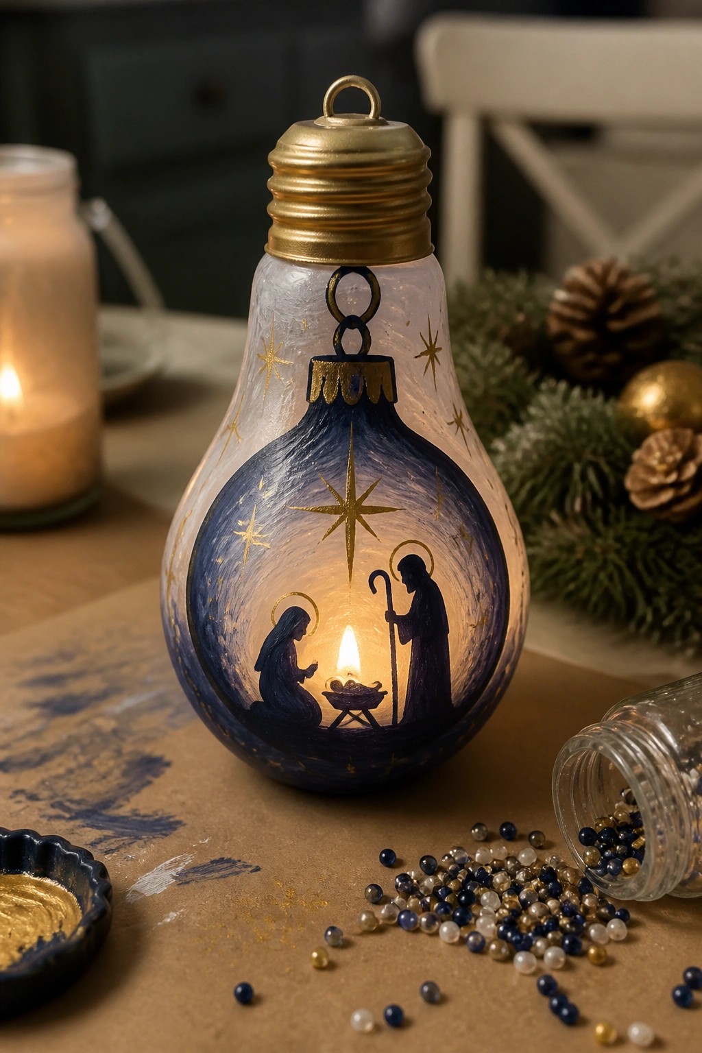 Hand-painted blue light bulb ornament with glowing nativity scene and gold stars.