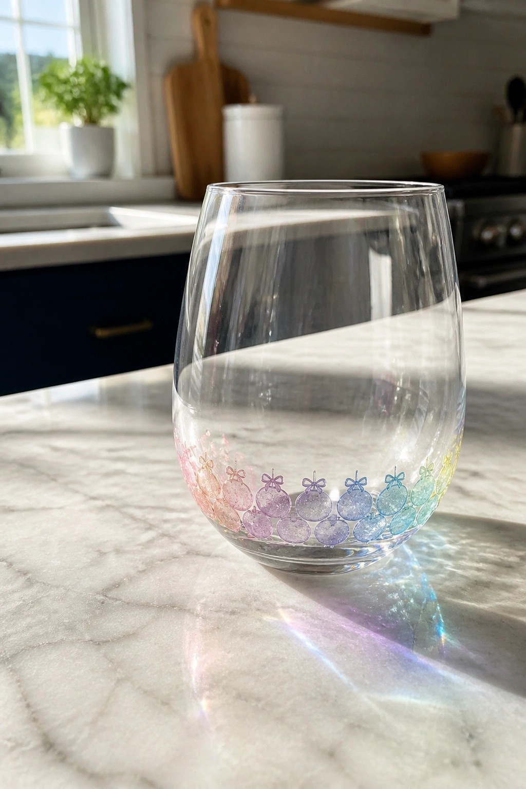 A clear stemless wine glass with a painted border of colorful Christmas ornaments around the base sitting on a marble countertop.