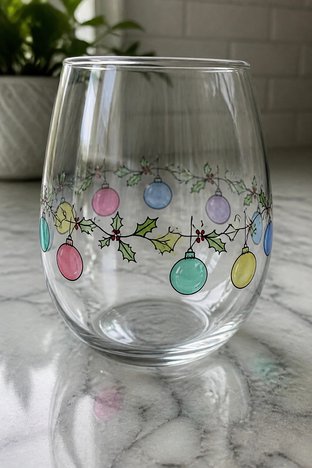 Clear stemless wine glass with colorful Christmas ornaments and holly on marble counter