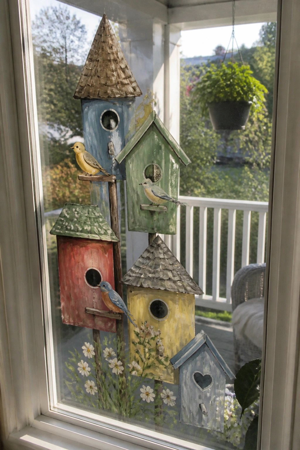 Colorful painted birdhouses with perched bird figurines mounted on a glass window