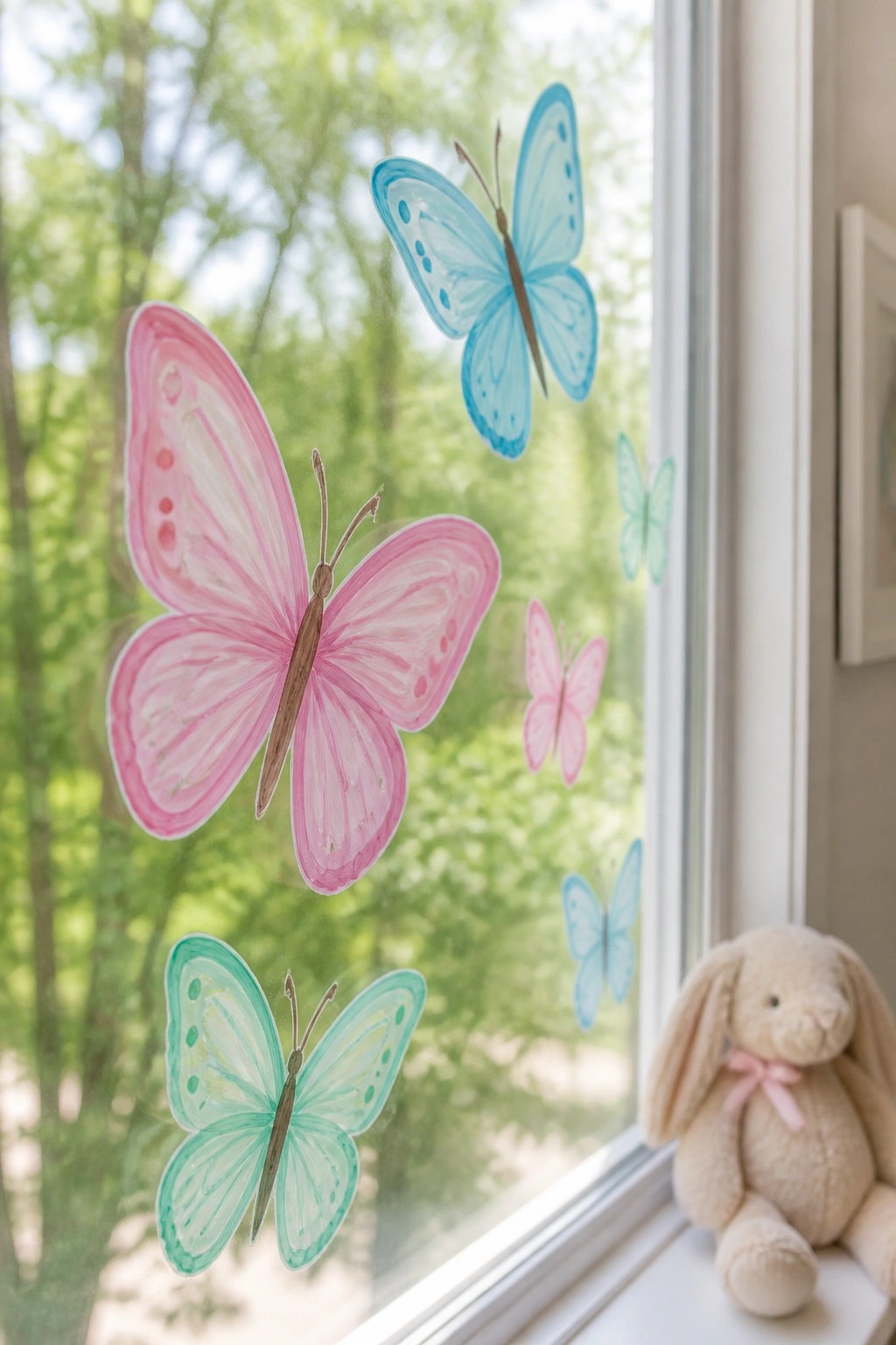 Colorful butterfly decals on window beside plush bunny on sill