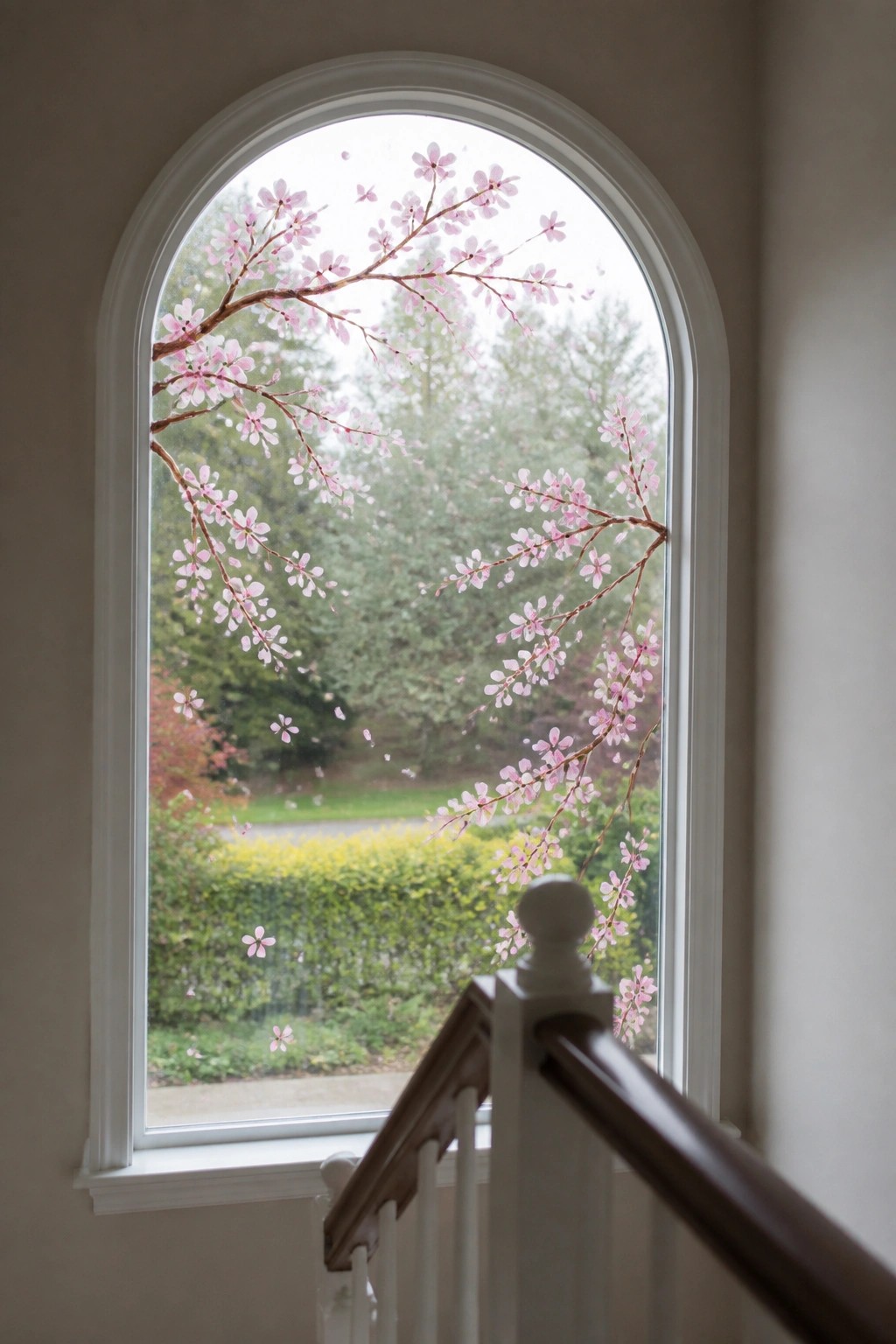 Arched window with pink cherry blossom decals overlooking garden and wooden stair railing