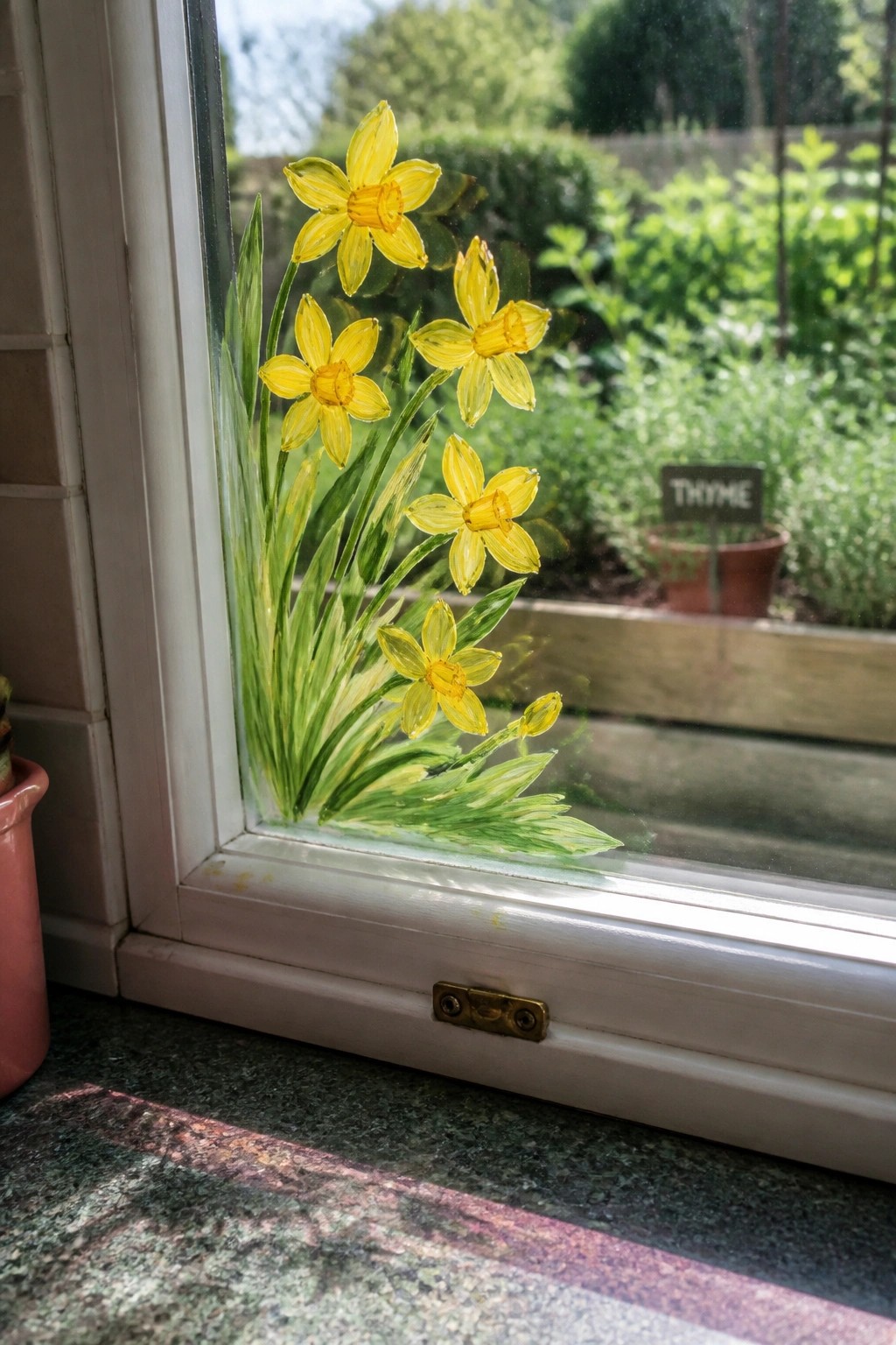 Yellow daffodils painted on window overlooking garden with thyme sign