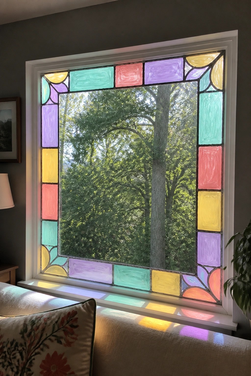 Stained glass window with colorful border overlooking trees, rainbow light on sill
