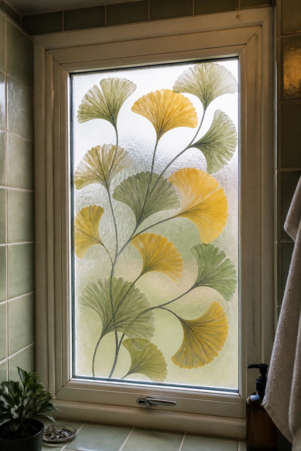 Frosted window with yellow and green ginkgo leaf patterns on glass