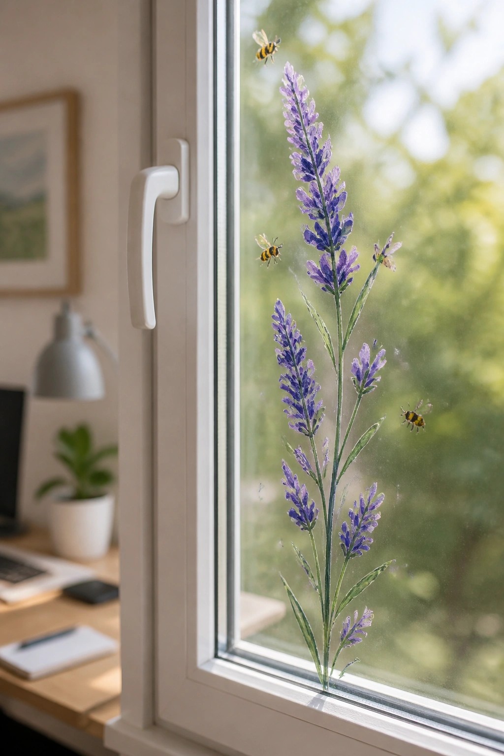 Tall purple lavender decal with bees on window near white desk and lamp