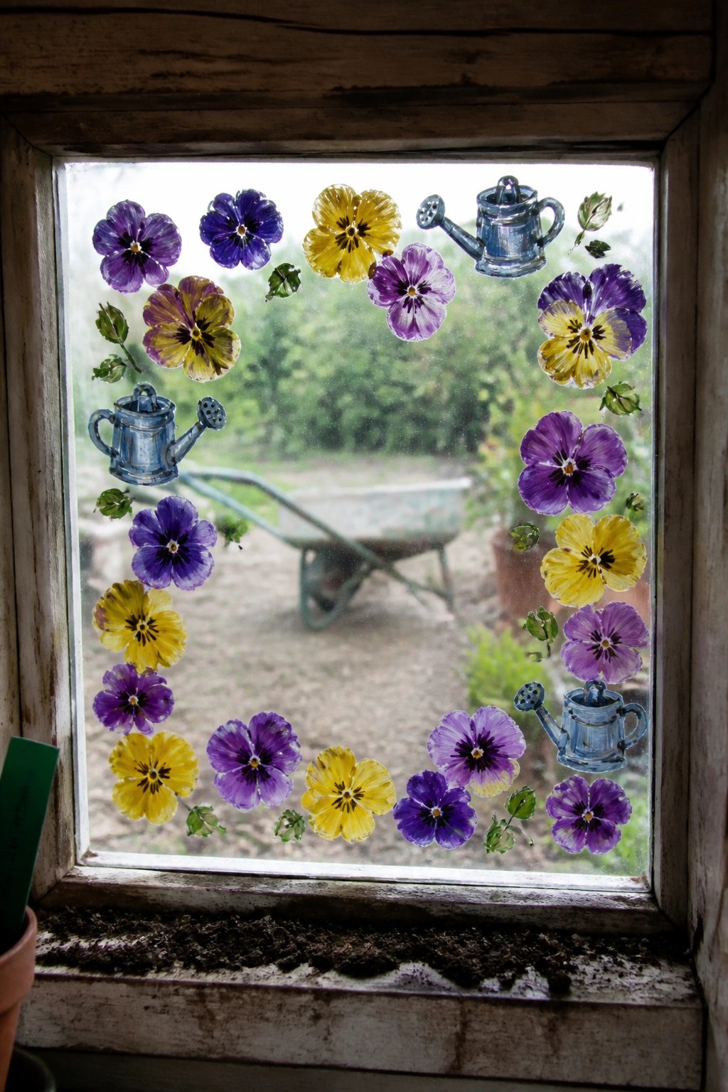 Window adorned with purple-yellow pansies and blue watering can decals overlooking garden wheelbarrow.