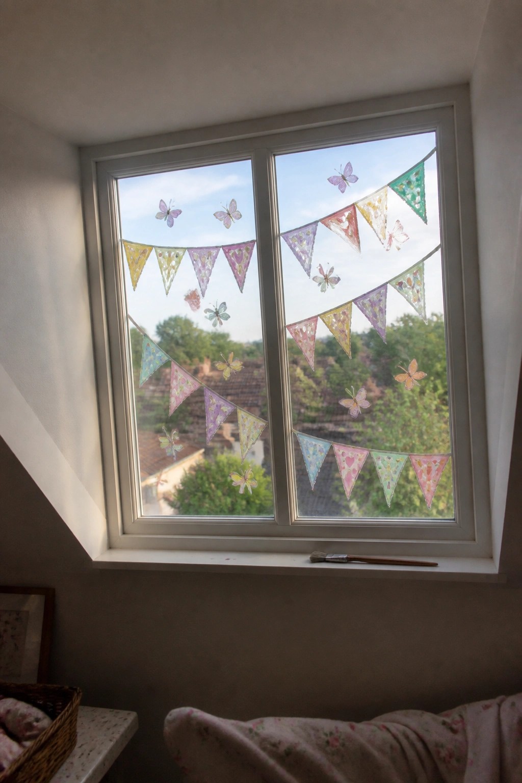 Colorful bunting flags and butterfly decals adorn a window with paintbrush on sill.
