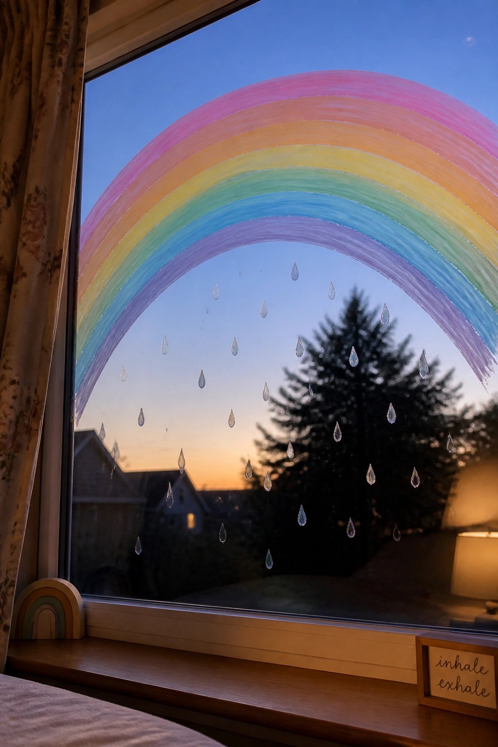 A rainbow painted on a window with raindrop shapes below it overlooking a sunset view.
