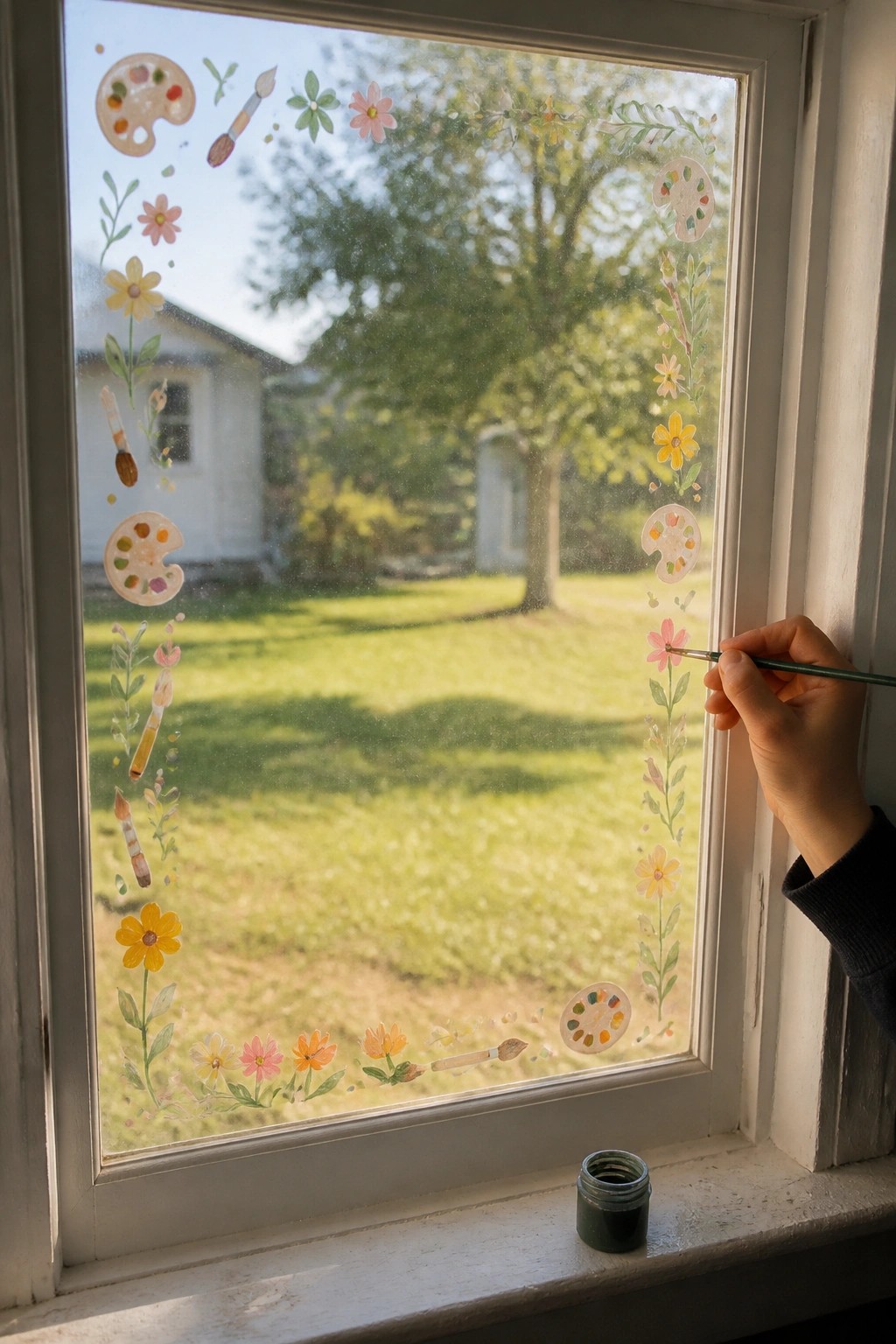 Hand painting pink flower on window adorned with palettes, brushes, and blooms.