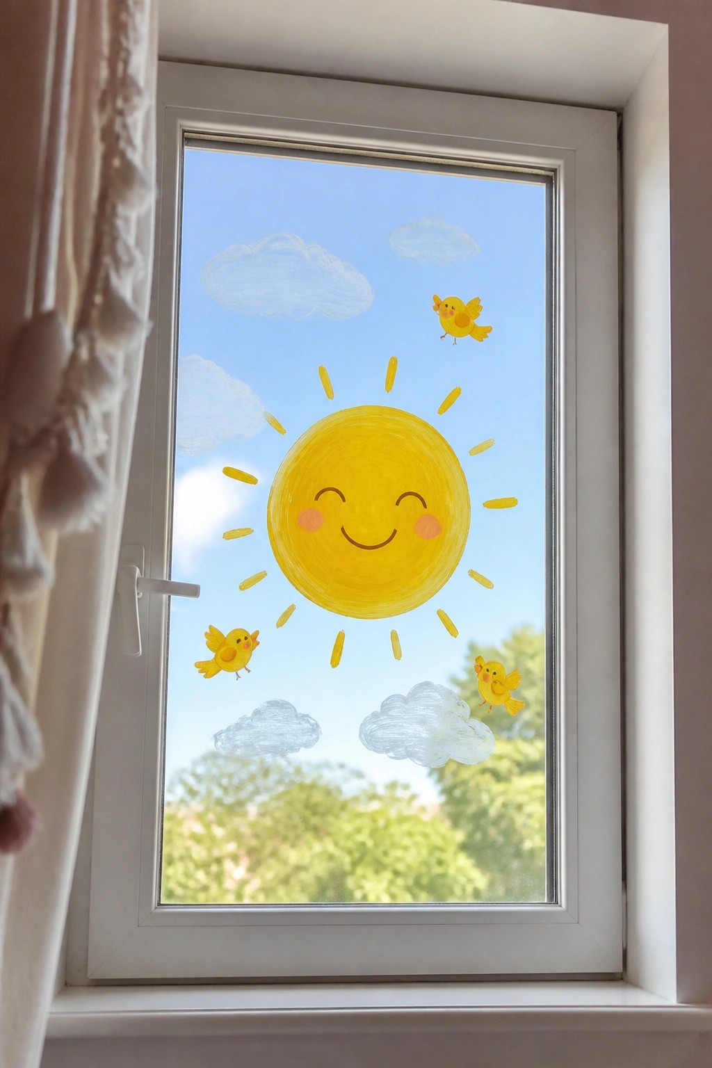 Smiling yellow sun with birds and clouds drawn on window overlooking trees