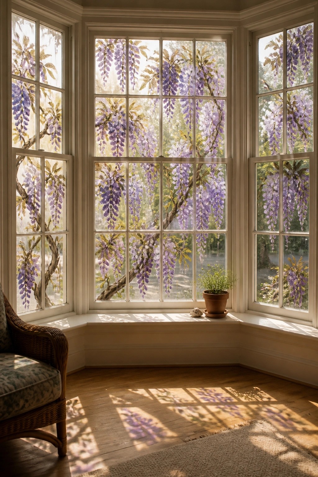 Sunlit bay window with purple wisteria casting shadows on wooden floor beside chair