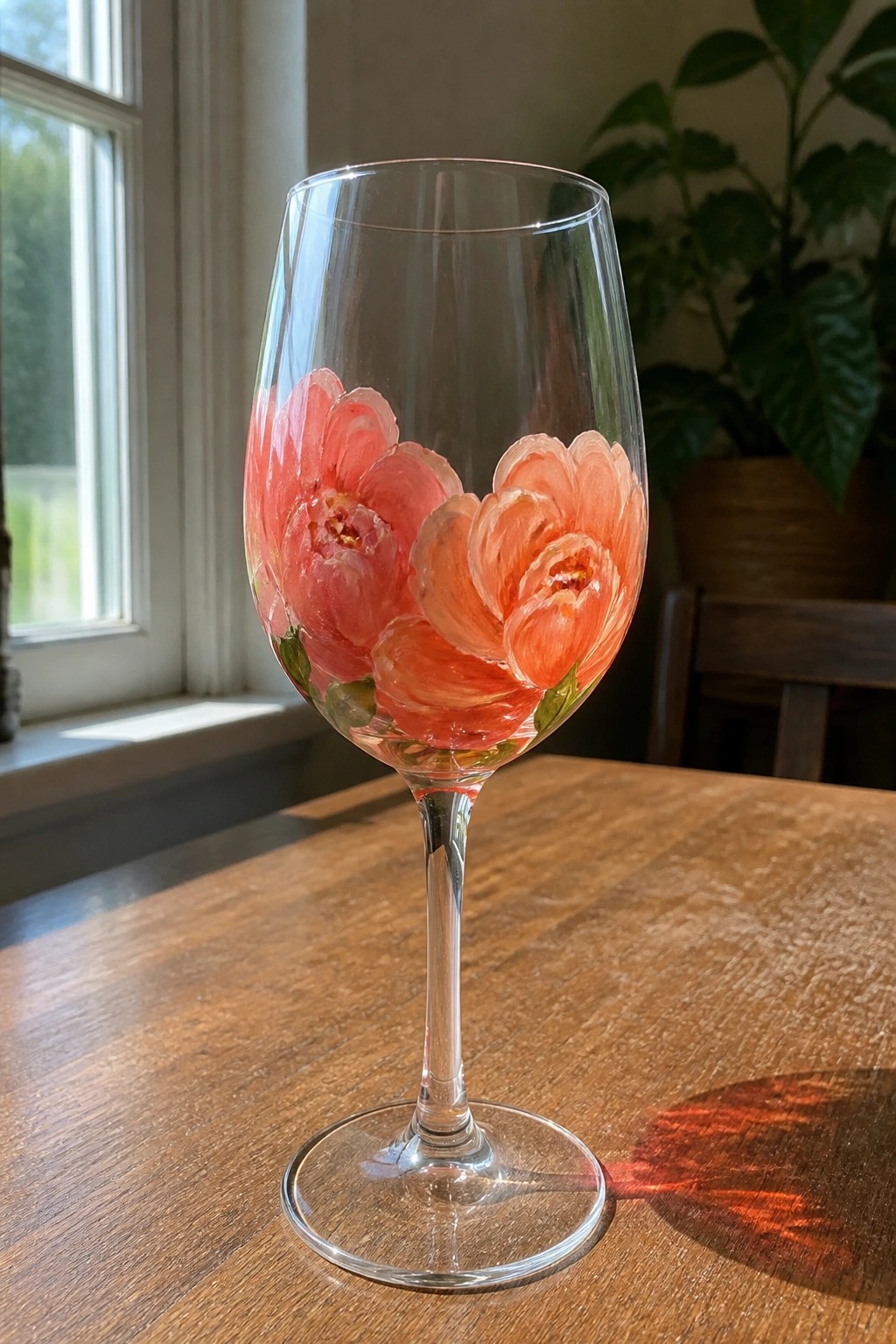 Wine glass hand-painted with pink and coral flowers on wooden table in sunlight