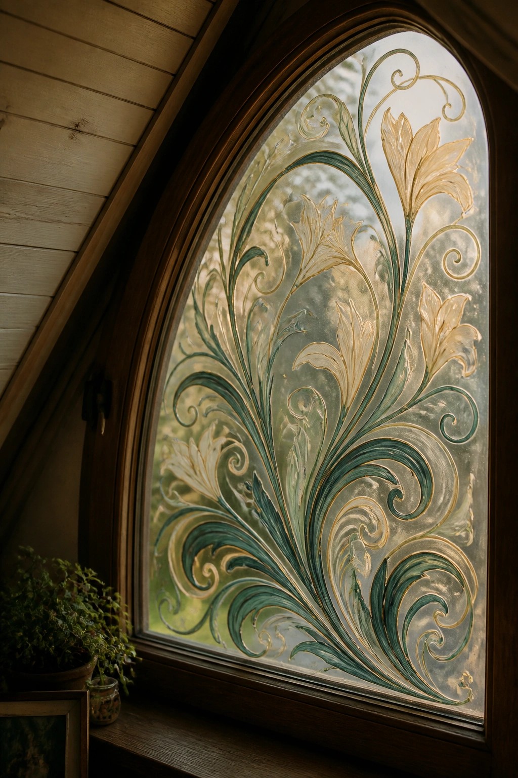 Arched wooden window with green and gold floral etched glass and potted plant