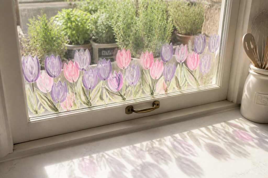 Purple and pink tulips painted on window glass casting shadows on marble counter