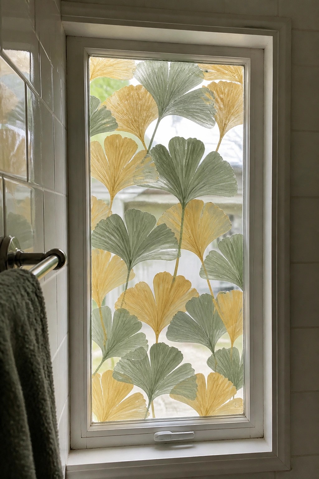 Bathroom window with yellow and green ginkgo leaf decals on white frame