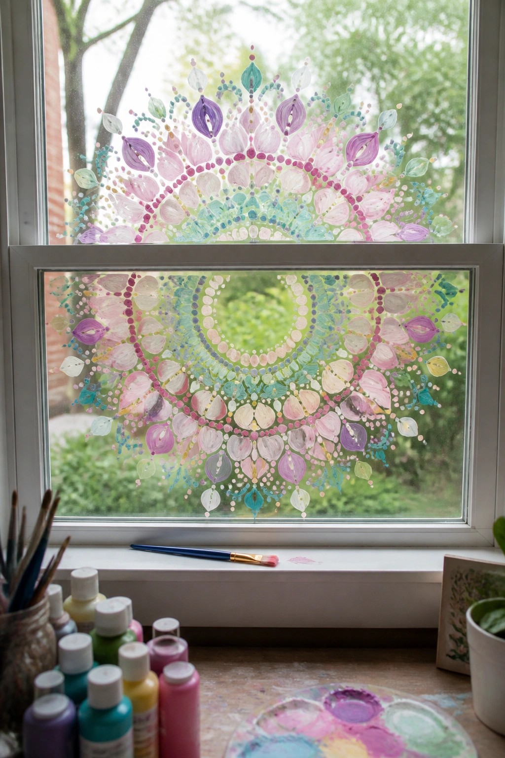 Colorful mandala designs painted on window above paint bottles and palette.