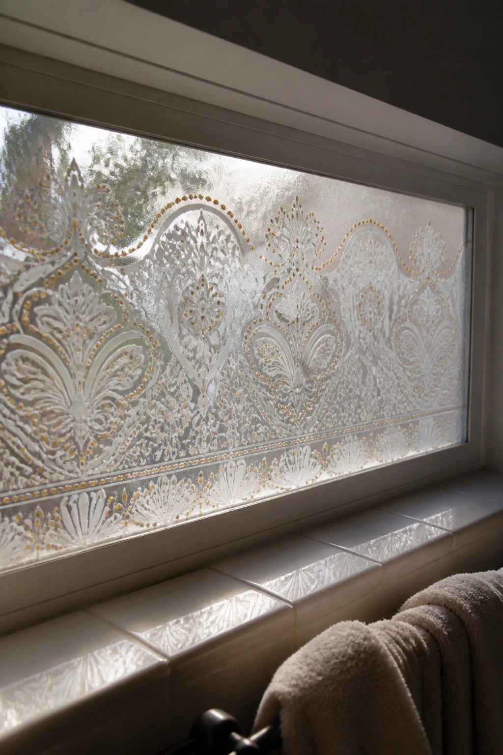 Ornate frosted window with white-gold patterns above tiled sill and white towel