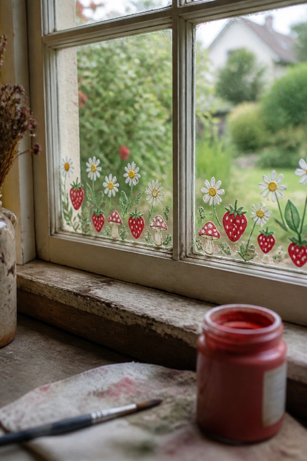 Jar of red paint with brush on windowsill below strawberry daisy mushroom window art.