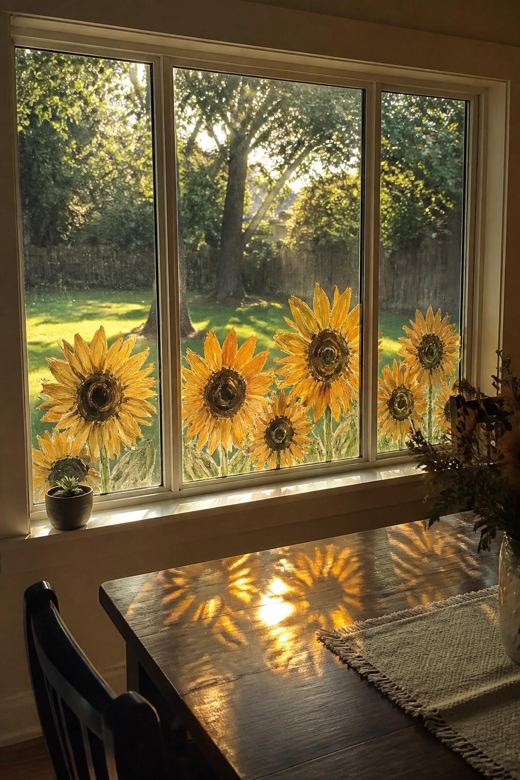 Sunflower decals on window casting shadows on wooden dining table in sunlight