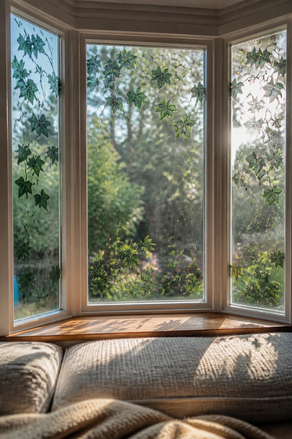 Sunlit bay window with green ivy decals casting shadows on beige fabric seat.