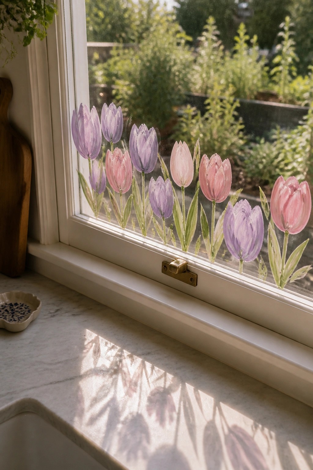 Purple and pink tulips painted on window glass casting shadows on marble counter
