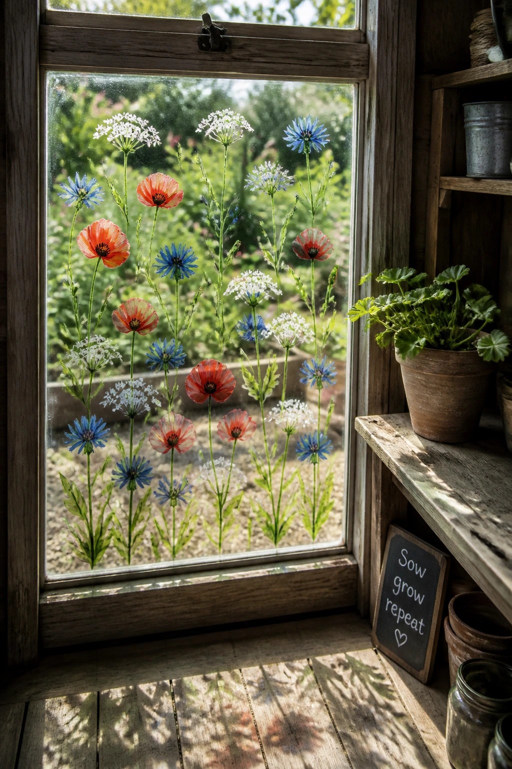 Wooden window with red poppies, blue cornflowers, and white wildflowers on glass overlooking garden.