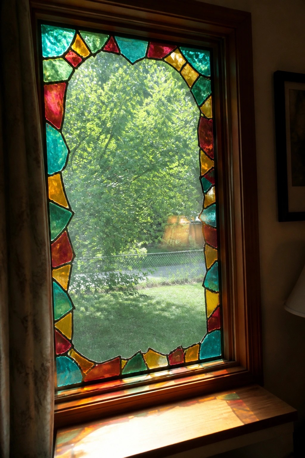 Colorful arched stained glass window framing lush green trees and lawn