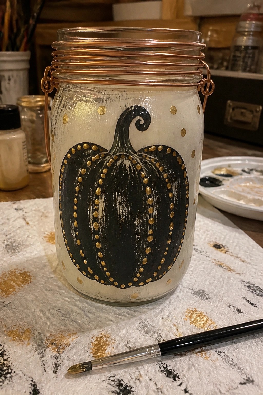 Painted mason jar with black pumpkin, gold dots, and copper wire rim beside paintbrush