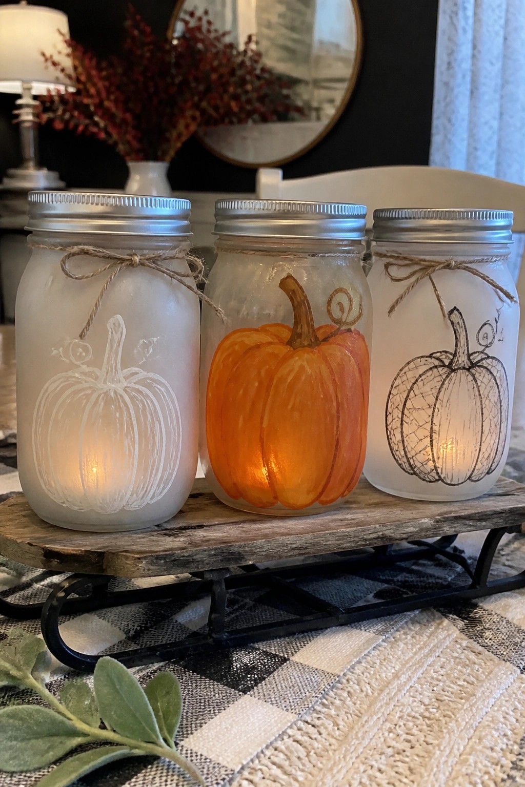 Three lit mason jars with pumpkin designs on rustic wooden sled.