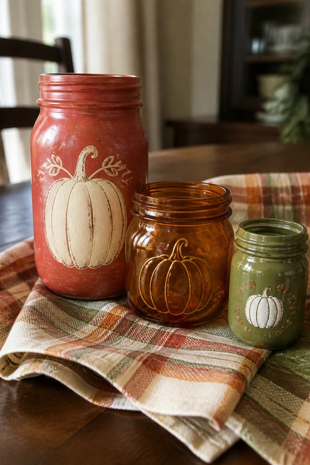 Three mason jars in red, amber, and green with pumpkin designs on plaid cloth