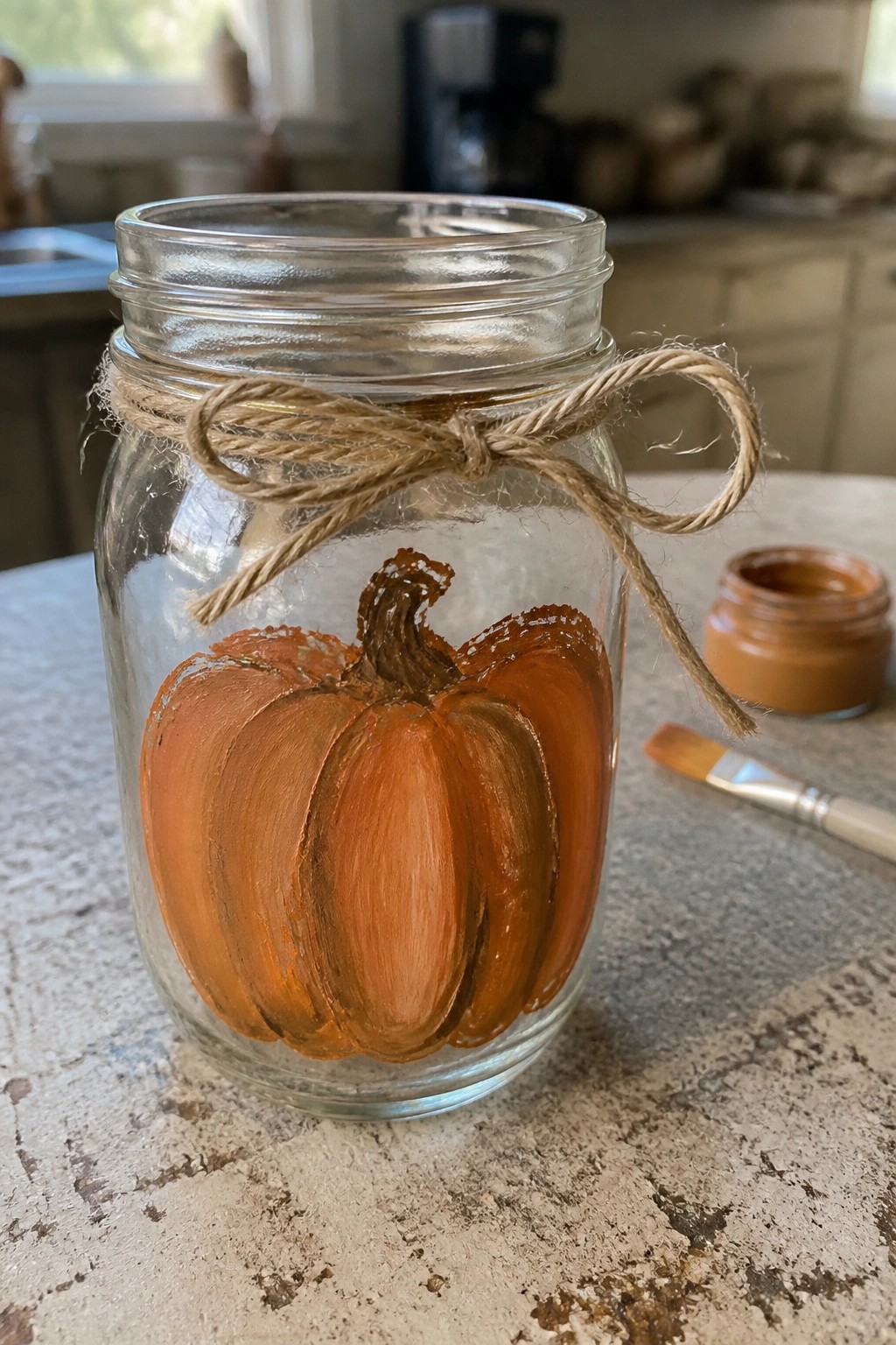 Mason jar with painted orange pumpkin and twine bow on countertop beside paint supplies