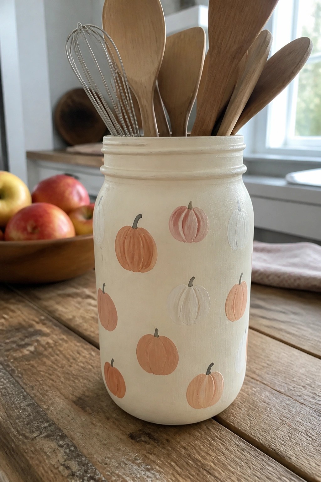 Off-white mason jar painted with pumpkins holding wooden spoons and whisk on table