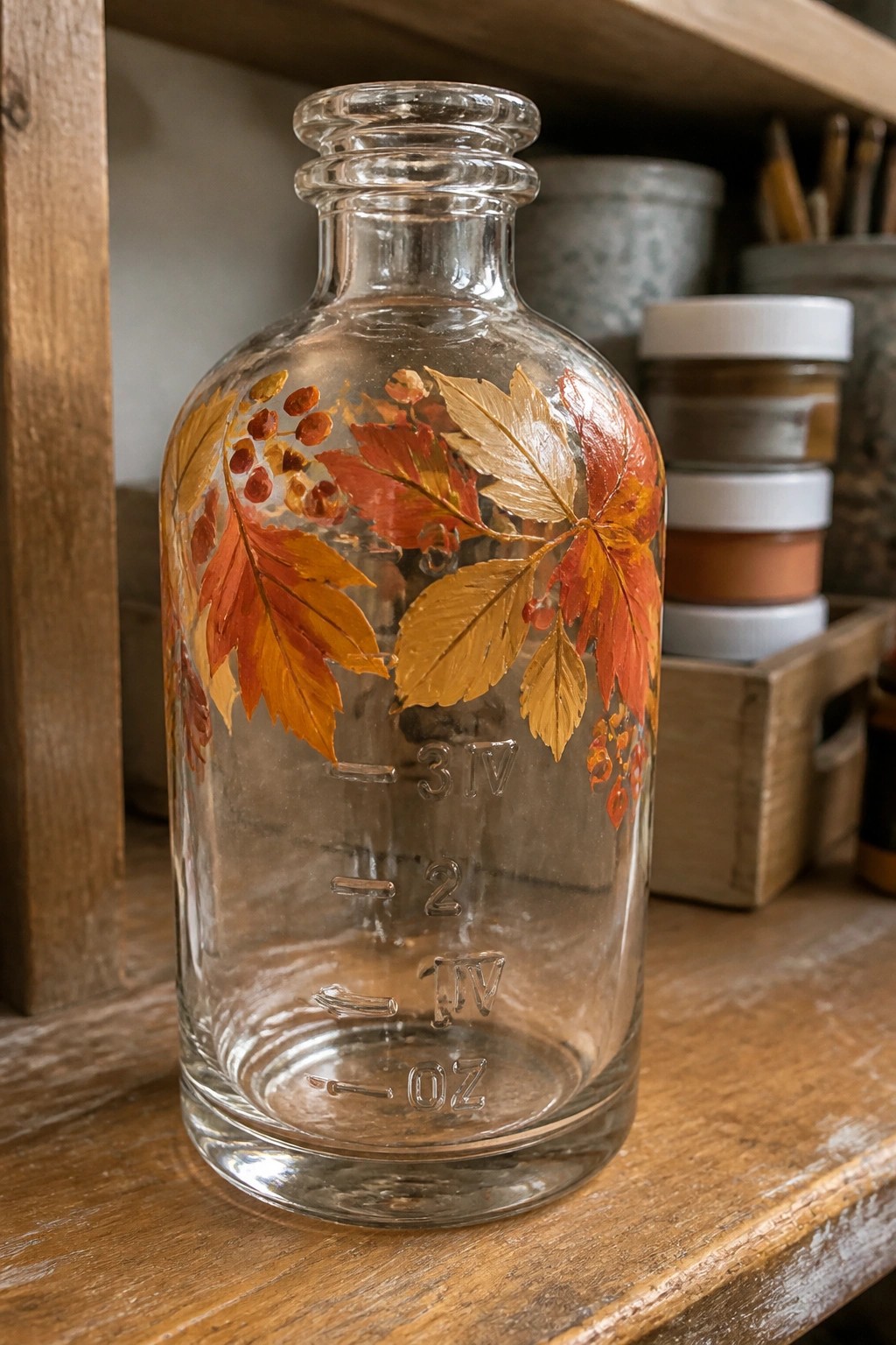 Clear glass bottle with hand-painted autumn leaves, berries, and measurement markings on wood.