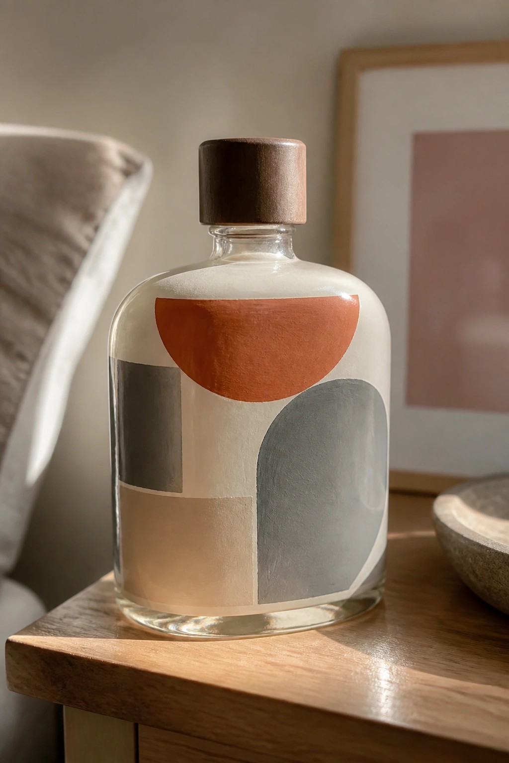 Glass bottle with wooden cap featuring abstract orange, gray, and beige shapes