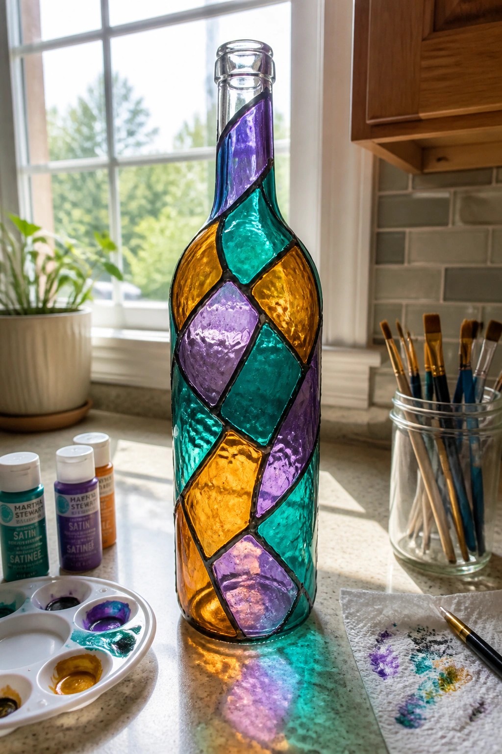 Stained-glass mosaic bottle on sunny counter with paints, palette, and brushes