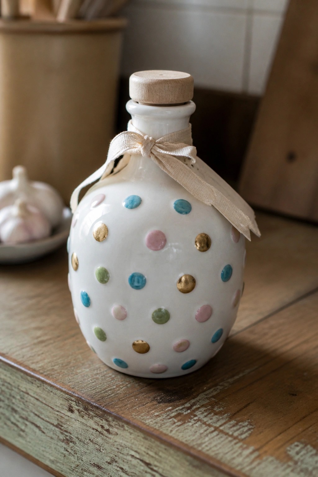 White ceramic bottle with colorful polka dots and beige ribbon on wooden table