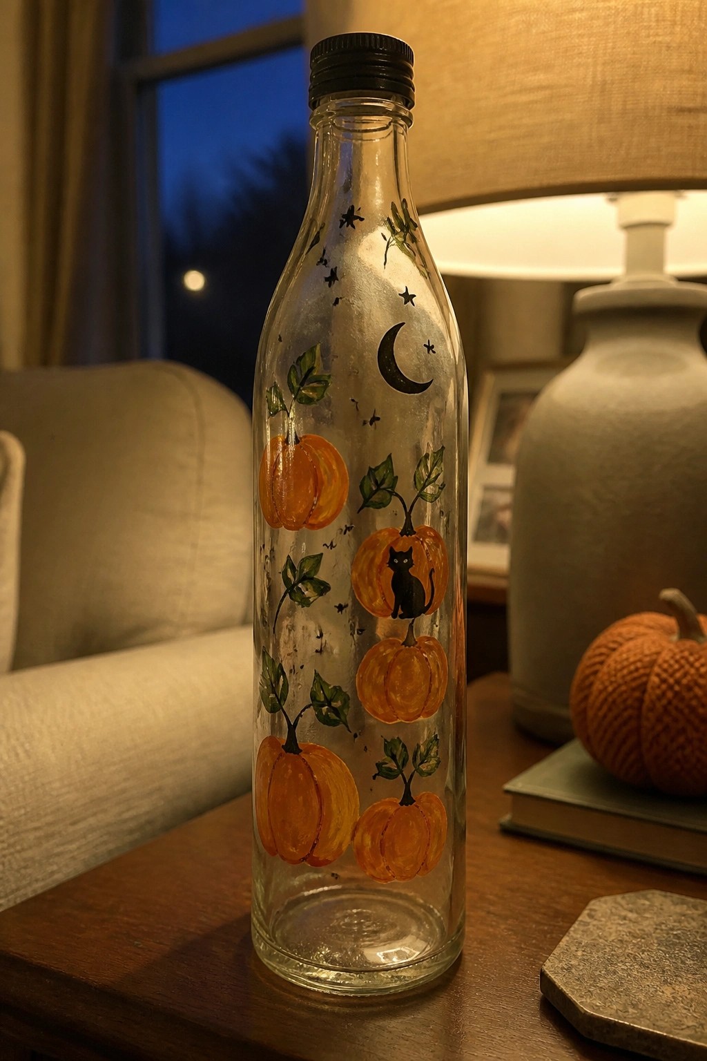 Glass bottle painted with orange pumpkins, black cat, moon, stars, and leaves.